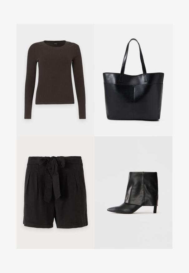 Ruskih, dugih rukava, rebrastih majica s okruglim izrezom. Izrađena od glatkog, rastezljivog materijala, s pripijenim krojem i minimalnim detaljima.; Mustat puuvillashortsit, joissa on sidottava vyö vyötäröllä, edessä laskokset ja sivutaskut. Sujuva pinta ja rento muotoilu.; Musta nahkainen polvenpituinen saapas, jossa on terävä kärki, taitettu ylävarsi ja hoikka matala korko, seisoo valkoista taustaa vasten.; Musta nahkainen kassi, jossa on kaksi pitkää kahvaa, sileä pinta ja jämäkkä muoto. Sisältää etutaskun lisävarastointia varten.