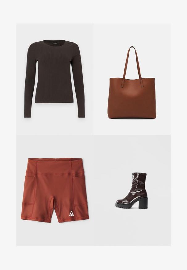 Barna, hosszú ujjú bordázott felső, kerek nyakkivágással. Simább, rugalmas anyagból készült, illeszkedő fazonú és minimális részletezéssel.; Piros sportnadrág rugalmas anyagból, oldalsó zsebekkel és egy háromszög alakú logóval a jobb lábszáron. Simaság és elegáns dizájn jellemzi.; Fényes bordó bokacsizma vastag fekete sarokkal, sima felülettel és egyszerű dizájnnal. Nincsenek látható zárak vagy minták.; Barna bőr vászontáska sima textúrával, nyitott tetejű dizájnnal és két vállpánttal. Minimális varrással és látható hardver nélkül készült.