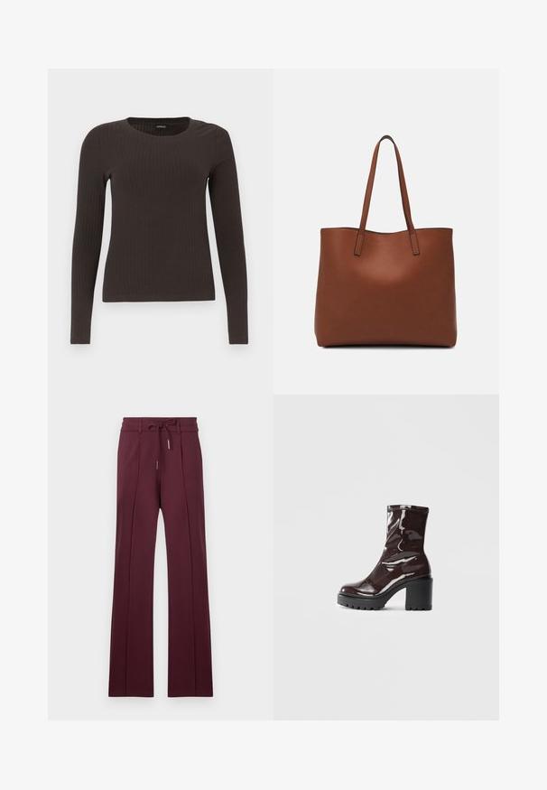 Top marrone a maniche lunghe con scollo rotondo. Realizzato in un materiale liscio e elasticizzato, presenta una silhouette aderente e dettagli minimi.; Pantaloni larghi bordeaux realizzati in tessuto morbido, con cintura a cordoncino e pieghe frontali. Orlo piatto e texture liscia.; Stivale alla caviglia bordeaux lucido con un tacco spesso nero, caratterizzato da una superficie liscia e un design semplice. Nessuna chiusura visibile o motivo.; Borsa tote in pelle marrone con texture liscia, design con apertura superiore e due spallacci. Presenta cuciture minime e nessun hardware visibile.