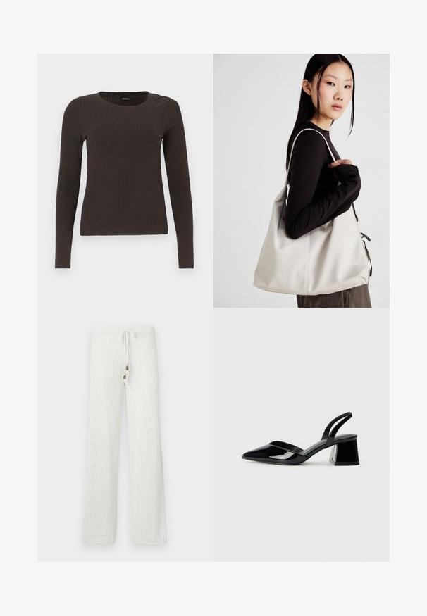 Rudas, su ilgomis rankovėmis, grioveliais dekoruotas viršus su apvaliu iškirpimu. Pagamintas iš lygaus, elastingo audinio, su prigludusia siluetu ir minimaliais akcentais.; Balti mezgimo poilsio kelnės su tekstūriniu raštu, su raišteliu juosmenyje ir dviem dekoratyviniais mygtukais priekyje.; Juodos lakuotos odinės šlepetės su smailiu pirštu ir geometriniu bloko kulnu. Turi elegantišką, minimalistinį dizainą ir lygų paviršių.; Bežinė rankinė, pagaminta iš minkštos medžiagos, turinti laisvą dizainą, siuvinėtas detalės ir dvi petnešos. Tinkama kasdieniam naudojimui.