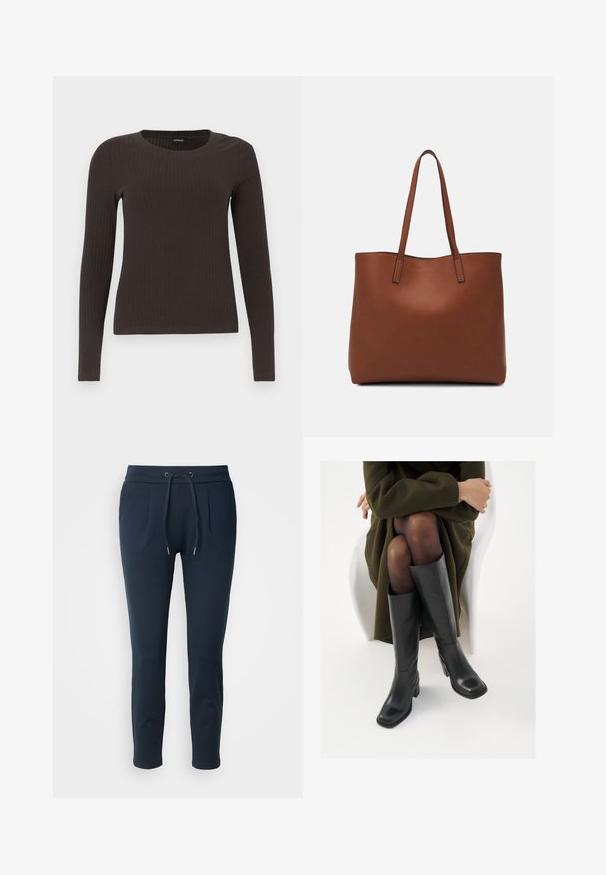 Bruine, lang%C3%A8ve ribgebreide top met een ronde hals. Gemaakt van een soepel, rekbaar materiaal, met een getailleerde pasvorm en minimale details.; Marineblauwe joggerbroek gemaakt van zachte stof, met een elastische tailleband met trekkoord, twee zijzakken en een slim-fit ontwerp.; Knieschijf hoge zwarte leren laarzen met een vierkante neus en blokhak, getoond met een model dat zit in een olijfgroene jas. Gladde textuur, minimale details.; Bruine leren tote bag met een gladde textuur, een ontwerp met een open bovenkant en twee schouderbanden. Kenmerkt zich door minimale stiksels en geen zichtbare hardware.