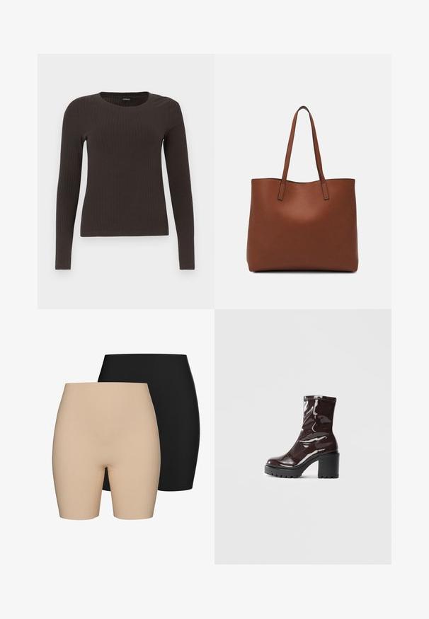 Hnědý, dlouhý rukáv, žebrovaný top s kulatým výstřihem. Vyrobeno z hladkého, elastického materiálu, s přiléhavým střihem a minimálním zdobením.; Dvoje vysokých šortek: jedny v tělové barvě, druhé v černé. Mají hladkou texturu a délku po střed stehen.; Lesklá bordó kotníková bota s masivním černým podpatkem, se hladkým povrchem a jednoduchým designem. Žádné viditelné zapínání ani vzory.; Hnědá kožená taška přes rameno s hladkou texturou, otevřeným designem a dvěma ramenními popruhy. Obsahuje minimální švy a žádné viditelné kovové prvky.
