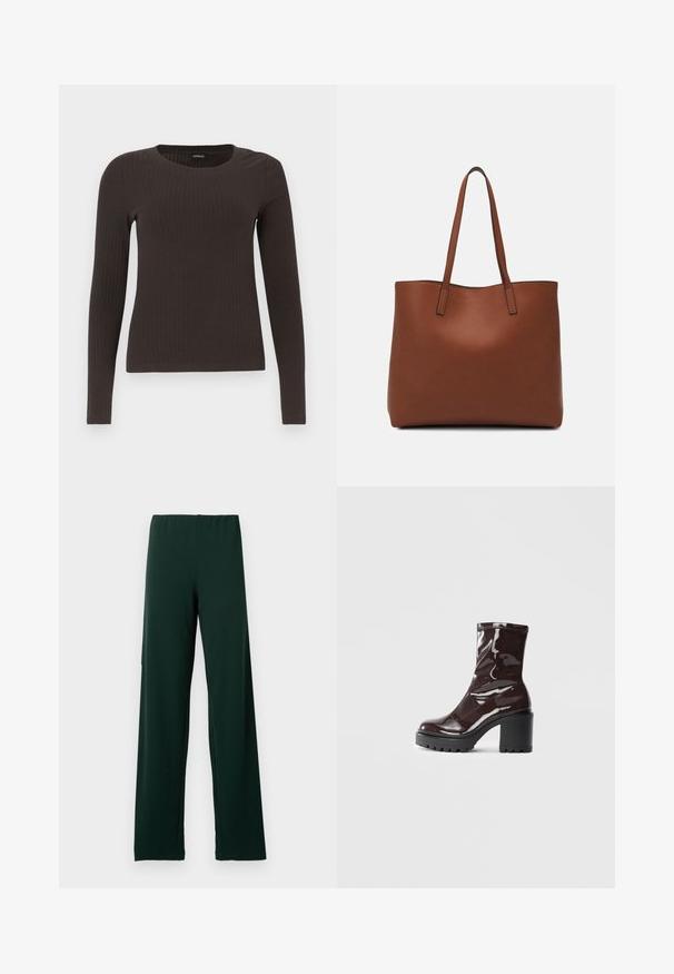 Pruun, pikkade varrukatega ribaga särk, millel on ümar kaelus. Valmistatud siledast, venivast materjalist, omades formatiivset siluetti ja minimaalset dekoratiivsust.; Tumedatest roheline, kergest venitavast kangast püksid, millel on lai vöökoht ja laiad sääred. Valmistatud siledast kangast, millel pole nähtavaid mustreid ega riistvara.; Klakav läikiv burgundi värvi pahkluu saabas, millel on paks must konts, sile tekstuur ja lihtne disain. Nähtavad kinnitused või mustrid puuduvad.; Pruun nahast tote-kott, millel on sile tekstuur, avatud ülaosa disain ja kaks õlarihma. Omab minimaalset õmblust ja nähtavat riistvara ei ole.