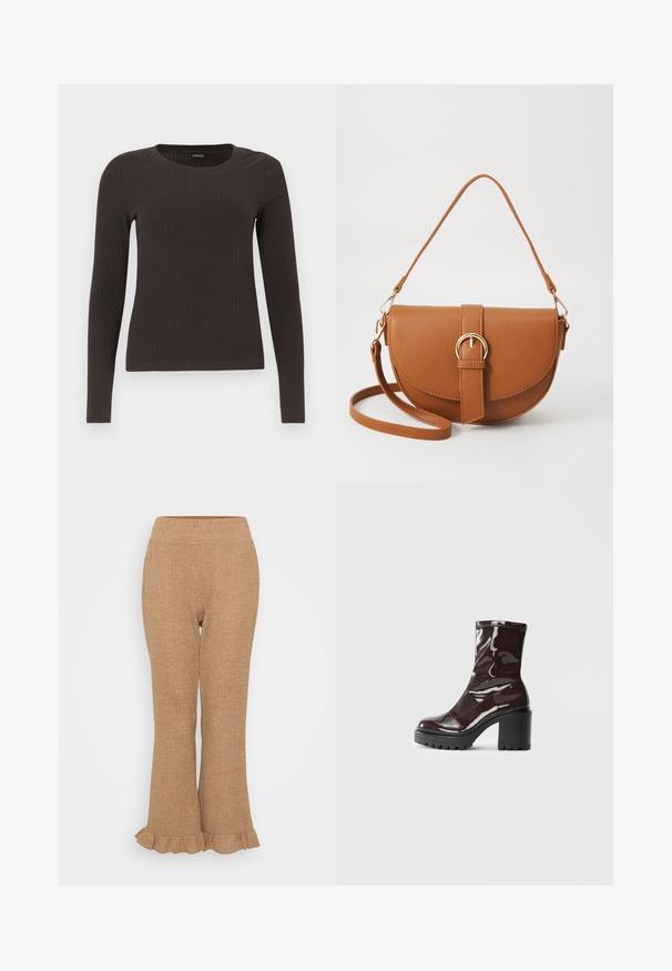 Top marrone a maniche lunghe con scollo rotondo. Realizzato in un materiale liscio e elasticizzato, presenta una silhouette aderente e dettagli minimi.; Pantaloni in maglia a coste color marrone chiaro con fondo svasato e orlo arricciato. Vita elasticizzata per il massimo comfort. Texture uniforme in tutto il capo.; Stivale alla caviglia bordeaux lucido con un tacco spesso nero, caratterizzato da una superficie liscia e un design semplice. Nessuna chiusura visibile o motivo.; Borsa a tracolla in pelle marrone con forma curvata, hardware dorato e un dettaglio con fibbia. Presenta una tracolla rimovibile.