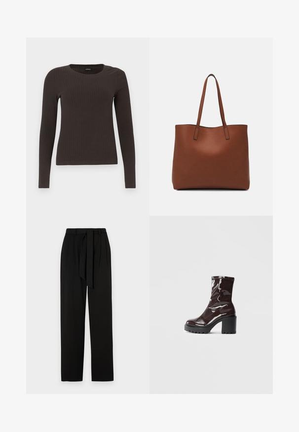 Brun, langermet ribbestrikket topp med rund hals. Laget av et glatt, elastisk materiale, med en tettsittende silhuett og minimalt med detaljer.; Svarte bukser med høy midje, sidefolder og et stoffbelte. Laget av et glatt materiale med rette, full-lengde bein.; Glinsende burgunder ankelstøvel med en kraftig svart hæl, med en glatt tekstur og enkelt design. Ingen synlige lukkinger eller mønstre.; Brun lær tote veske med en jevn tekstur, åpen toppdesign og to skulderstropper. Har minimal søm og ingen synlige spiker.