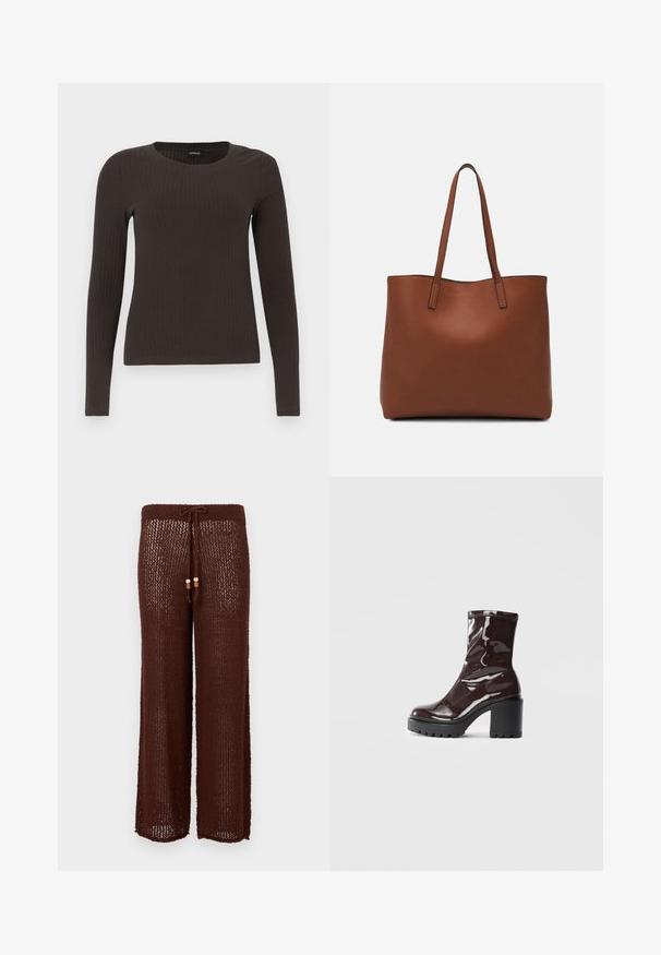 Brown, long-sleeve ribbed top with a crew neckline. Made from a smooth, stretchy material, featuring a fitted silhouette and minimal detailing.; Brown knitted wide-leg pants with a drawstring waist and wooden bead accents. The fabric is semi-transparent with a textured pattern.; Glossy burgundy ankle boot with a chunky black heel, featuring a smooth texture and simple design. No visible fastenings or patterns.; Brown leather tote bag with a smooth texture, open top design, and two shoulder straps. Features minimal stitching and no visible hardware.