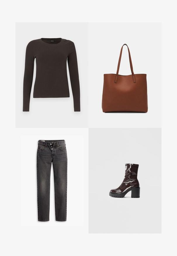 Smeđa, dugokraga, rebrasta majica s dugim rukavima. Izrađena od glatkog, rastezljivog materijala, s prikladnim krojem bez mnogo detalja.; Tamno sivi traperice s ravnim rezom, s dugmetima za zatvaranje, iznošenom teksturom i blagim izbjeljivanjem na prednjim panelima.; Sjajna burgundska čizma do gležnja s debelim crnim potplatom, koja se odlikuje glatkom teksturom i jednostavnim dizajnom. Nema vidljivih kopčanja ili uzoraka.; Smeđa kožna torba preko ramena s glatkom teksturom, otvorenim vrhom i dvjema naramenicama. Ima minimalne šavove i nema vidljivog hardvera.