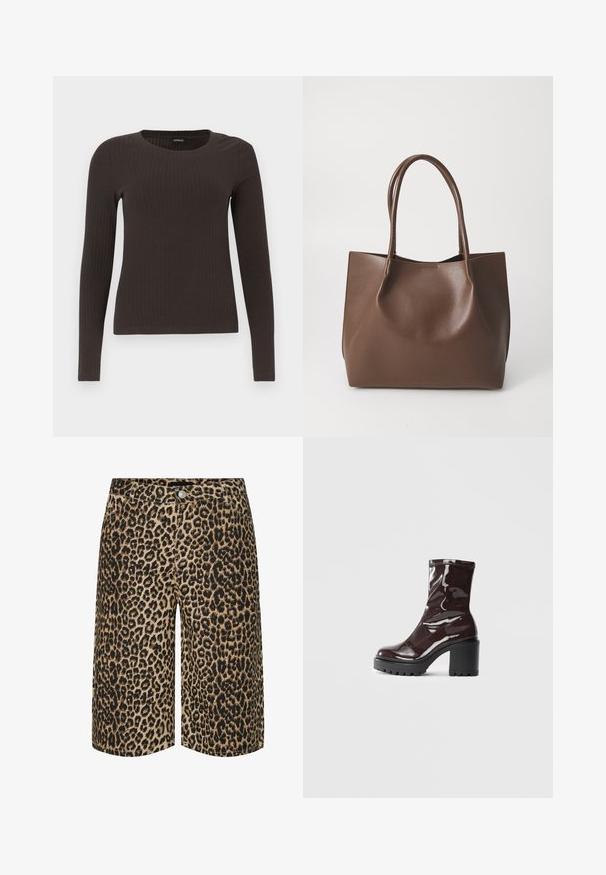 Hnedý, dlhý rukáv, rebrovaný top s okrúhlym výstrihom. Vyrobený z hladkého, elastického materiálu, s priliehavým strihom a minimálnym zdobením.; Pieces PCSALUME WIDE - Denimové šortky - white pepper; Lesklé burgundské kotníkové boty s robustním černým podpatkem, s hladkou strukturou a jednoduchým designem. Bez viditelných zapínání nebo vzorů.; Hnedá kožená taška s dvoma dlhými uchami, štruktúrovaný tvar, hladká textura a minimalistický dizajn. Bez viditeľného hardvéru alebo akcentov.