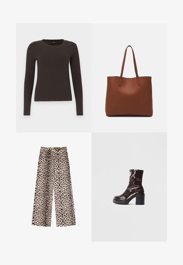 Barna, hosszú ujjú bordázott felső, kerek nyakkivágással. Simább, rugalmas anyagból készült, illeszkedő fazonú és minimális részletezéssel.; Állatmintás, szélesszárú nadrág, világos bézs háttérrel, fekete és barna foltokkal, texturált anyagból készült.; Fényes bordó bokacsizma vastag fekete sarokkal, sima felülettel és egyszerű dizájnnal. Nincsenek látható zárak vagy minták.; Barna bőr vászontáska sima textúrával, nyitott tetejű dizájnnal és két vállpánttal. Minimális varrással és látható hardver nélkül készült.