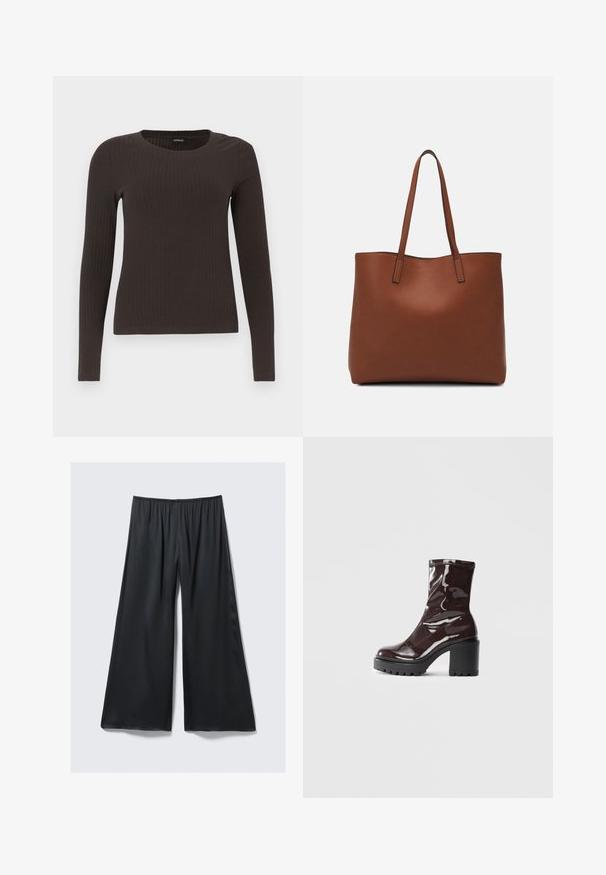 Un haut marron à manches longues en rib avec un col rond. Fabriqué dans un matériau lisse et extensible, il présente une silhouette ajustée et un minimum de détails.; Pantalons larges noirs en tissu léger avec un waistband élastique et une texture lisse, légèrement brillante. Offre une coupe décontractée.; Bottines bordeaux brillantes à talon épais noir, avec une texture lisse et un design simple. Aucune fermeture visible ni motifs.; Sac fourre-tout en cuir marron avec une texture lisse, design à ouverture supérieure et deux poignées pour le porter à l'épaule. Présente des coutures minimales et aucun matériel visible.