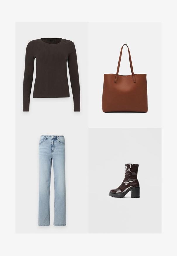 Ruskih, dugih rukava, rebrastih majica s okruglim izrezom. Izrađena od glatkog, rastezljivog materijala, s pripijenim krojem i minimalnim detaljima.; Vaaleansiniset farkut, suoralla lahkeella, klassisella viiden taskun muotoilulla ja napilla sekä vetoketjulla vyötäröllä.; Satea bordeaux berwarna mengkilap dengan tumit hitam tebal, menampilkan tekstur halus dan desain sederhana. Tanpa pengikat atau pola yang terlihat.; Ruskea nahkainen olkalaukku, jossa on sileä pinta, avoin yläosa ja kaksi olkahihnaa. Omaavat vain minimaalisen ompelun eikä näkyvää metalliosaa.