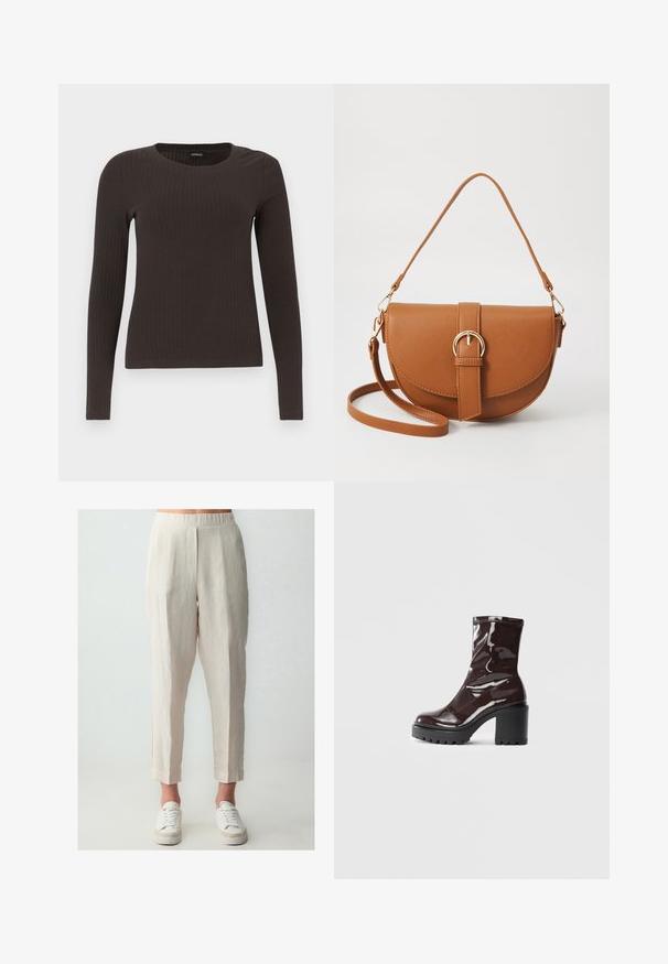 Un haut marron à manches longues en rib avec un col rond. Fabriqué dans un matériau lisse et extensible, il présente une silhouette ajustée et un minimum de détails.; Pantalons en lin beige clair avec une coupe décontractée, dotés d'une taille élastique, de poches latérales et d'ourlets légèrement fuselés. Associés à des baskets blanches.; Bottines bordeaux brillantes à talon épais noir, avec une texture lisse et un design simple. Aucune fermeture visible ni motifs.; Sac bandoulière en cuir marron avec une forme incurvée, quincaillerie dorée et un accent en boucle. Comprend une bandoulière détachable.