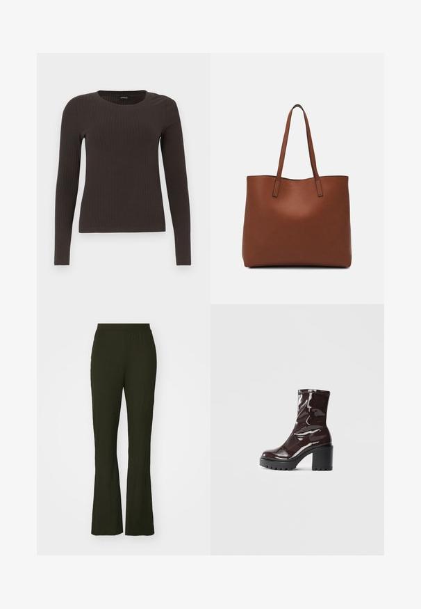 Top ribbed, de culoare maronie, cu mâneci lungi și gât rotund. Fabricat dintr-un material neted și elastic, cu un croi ajustat și detalii minime.; Pantaloni evazați, de culoare verde închis, cu un tiv elastic. Construiți dintr-un material texturat, au o croială lejeră și un design lung.; Botine lucioase burgundy, cu toc gros negru, având o textură netedă și un design simplu. Fără închideri sau modele vizibile.; Geantă de umăr din piele maro cu o textură netedă, design cu vârf deschis și două curele pentru umăr. Prezintă cusături minime și fără componente metalice vizibile.