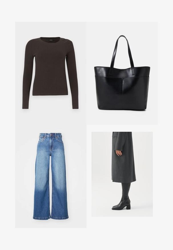Top castanho de manga longa em malha com decote redondo. Feito de um material suave e elástico, apresentando um silhueta ajustada e detalhes mínimos.; Jeans de ganga azuis de cintura alta e pernas largas, com botão frontal, fecho de correr e design clássico de cinco bolsos.; Casaco cinza, ajustado, com corte reto; combinado com botas de couro pretas até ao joelho, com biqueira quadrada e salto grosso.; Bolsa tote preta em couro com duas alças longas, textura suave e forma estruturada. Apresenta um bolso frontal para armazenamento adicional.