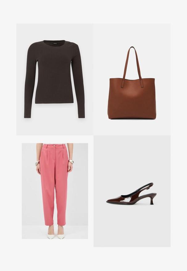 Hnědý, dlouhý rukáv, žebrovaný top s kulatým výstřihem. Vyrobeno z hladkého, elastického materiálu, s přiléhavým střihem a minimálním zdobením.; Růžové kalhoty na míru s předními skladbami a knoflíkovým zapínáním, volného střihu a kapsami. V páru s bílými špičatými lodičkami.; Hnědé lakované kožené slingback boty s špičatou špičkou a mírným podpatkem. Disponují přezkou pro bezpečné upevnění. Hladký povrch.; Hnědá kožená taška přes rameno s hladkou texturou, otevřeným designem a dvěma ramenními popruhy. Obsahuje minimální švy a žádné viditelné kovové prvky.