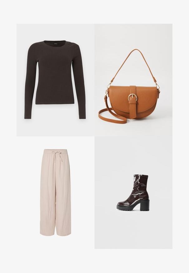 Top castanho de manga longa em malha com decote redondo. Feito de um material suave e elástico, apresentando um silhueta ajustada e detalhes mínimos.; Calças largas de cor rosa claro, feitas de um tecido texturizado, com cintura elástica e cordão ajustável. Design casual e de corte solto.; Bota de tornozelo burgundy brilhante com um salto preto robusto, apresentando uma textura suave e um design simples. Sem fechos ou padrões visíveis.; Bolsa transversal de couro castanho com um formato curvado, ferragens douradas e um detalhe de fivela. Inclui uma alça de ombro destacável.