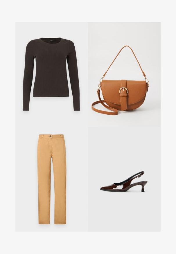 Brūns, garām piedurknēm ribots tops ar apaļu kakla izgriezumu. Izgatavots no gludas, elastīgas materiāla, ar pieguļošu siluetu un minimālu apdari.; Gaiši brūni chinos bikses ar taisna piegriezuma dizainu, pogu aizdari un sānu kabatām. Audums ir gluds ar matētu apdari.; Brūnas patentētas ādas sprauga kurpes ar norādītu pirkstu un mērenu papēdi. Aprīkotas ar sprādzi, lai nodrošinātu drošu fit. Gluda tekstūra.; Brūns ādas plecu soma ar izliekta formu, zelta piederumiem un sprādzes akcentu. Iesaiņota ar noņemamu plecu siksnu.