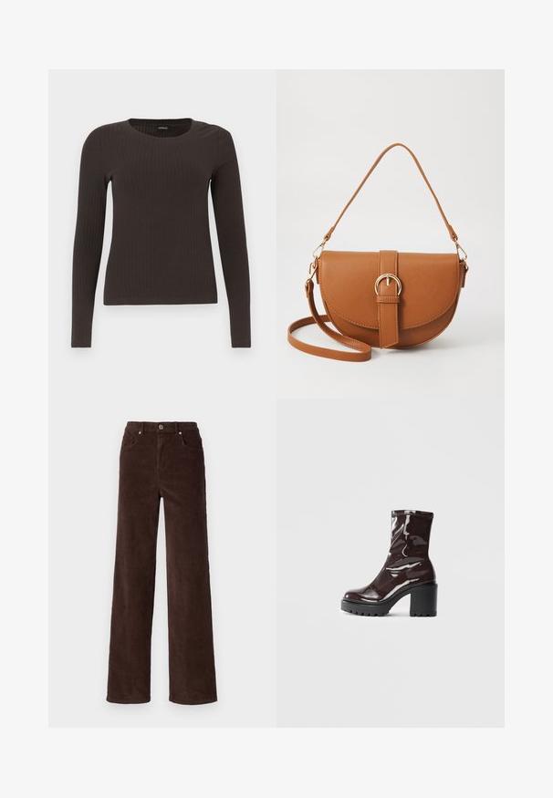 Ruskih, dugih rukava, rebrastih majica s okruglim izrezom. Izrađena od glatkog, rastezljivog materijala, s pripijenim krojem i minimalnim detaljima.; Vero Moda VMTESSA WIDE PANTS - Housut - chocolate torte; Satea bordeaux berwarna mengkilap dengan tumit hitam tebal, menampilkan tekstur halus dan desain sederhana. Tanpa pengikat atau pola yang terlihat.; Ruskean nahkainen olkalaukku, jossa on kaareva muoto, kultaiset yksityiskohdat ja solkiyksityiskohta. Varustettu irrotettavalla olkahihnalla.