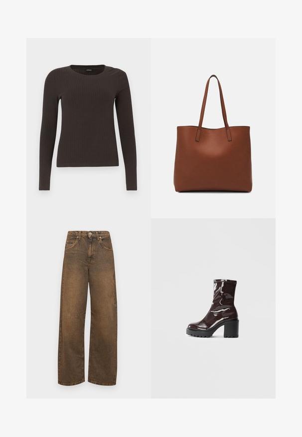 Un haut marron à manches longues en rib avec un col rond. Fabriqué dans un matériau lisse et extensible, il présente une silhouette ajustée et un minimum de détails.; BDG Urban Outfitters LOGAN - Wide Leg - rust tint; Bottines bordeaux brillantes à talon épais noir, avec une texture lisse et un design simple. Aucune fermeture visible ni motifs.; Sac fourre-tout en cuir marron avec une texture lisse, design à ouverture supérieure et deux poignées pour le porter à l'épaule. Présente des coutures minimales et aucun matériel visible.