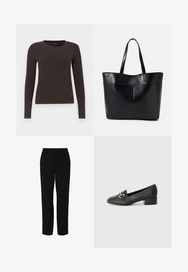 Ruskih, dugih rukava, rebrastih majica s okruglim izrezom. Izrađena od glatkog, rastezljivog materijala, s pripijenim krojem i minimalnim detaljima.; Housut, mustat ja muotoon ommellut, valmistettu sileästä kankaasta. Ominaisuuksia suora lahkeiden muotoilu, vyötärö ja etupuoliskon laskokset rakenteen tueksi.; Musta nahkainen loaferit matalalla korolla, joissa on koristeellinen kultainen yksityiskohta edessä ja sileä pinta.; Musta nahkainen kassi, jossa on kaksi pitkää kahvaa, sileä pinta ja jämäkkä muoto. Sisältää etutaskun lisävarastointia varten.