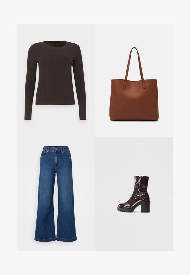 Brown, long-sleeve ribbed top with a crew neckline. Made from a smooth, stretchy material, featuring a fitted silhouette and minimal detailing.; Wide-leg denim jeans in dark blue, featuring a high waist, five-pocket design, and cuffed hems. Smooth texture with subtle stitching details.; Glossy burgundy ankle boot with a chunky black heel, featuring a smooth texture and simple design. No visible fastenings or patterns.; Brown leather tote bag with a smooth texture, open top design, and two shoulder straps. Features minimal stitching and no visible hardware.