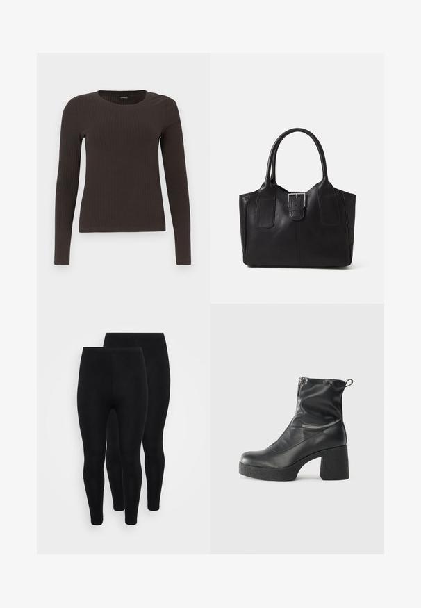 Pruun, pikkade varrukatega ribaga särk, millel on ümar kaelus. Valmistatud siledast, venivast materjalist, omades formatiivset siluetti ja minimaalset dekoratiivsust.; Musthave mustread , on vajandus vaade . Kaks paari on esitatud.; Mustad mustad ansapüksid, mis on valmistatud siledast nahast, külje zipperiga, paksu tekstuuriga kontsaga ja ümmarguse nina disainiga.; Mustgamma nahast kott, millel on sile tekstuur, struktureeritud kuju, kaks käepidet ja esiküljel silmapaistev hõbedane pandla detail.