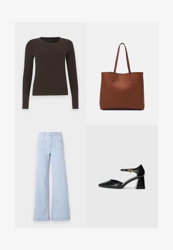 Brūns, garām piedurknēm ribots tops ar apaļu kakla izgriezumu. Izgatavots no gludas, elastīgas materiāla, ar pieguļošu siluetu un minimālu apdari.; Gai zils platajā kāju džinsus, kas izgatavoti no denima, ar augstu jostu, lielām priekšējām kabatām un metalizētām detaļām aizmugures kabatās.; Melnas patentētas ādas augstpapēžu kurpes ar norādītu pirkstu, potītes siksnu un teksturētu krokodila rakstu. Kvadrātveida bloka papēža dizains.; Brūna ādas iepirkumu soma ar gludu tekstūru, atvērta augšdaļa un divas plecu siksnas. Izceļas ar minimālām šuvēm un redzamu aparatūru nav.