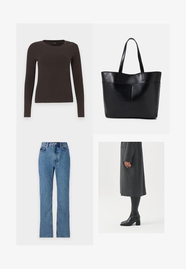 Hnědý, dlouhý rukáv, žebrovaný top s kulatým výstřihem. Vyrobeno z hladkého, elastického materiálu, s přiléhavým střihem a minimálním zdobením.; Svetle modré džíny s vysokým pasem, rovnými nohavicemi a klasickým pětikapsovým designem. Obsahují kovový knoflík a nýty.; Šedý padnoucí kabát s rovnou siluetou; kombinovaný s černými koženými botami nad kolena s hranatou špičkou a masivním podpatkem.; Černá kožená taška s dlouhými ušima, hladkým povrchem a strukturovaným tvarem. Obsahuje přední kapsu pro další úložný prostor.
