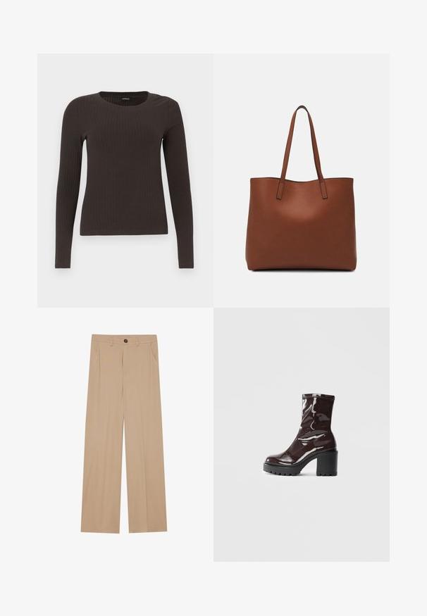 Brown, long-sleeve ribbed top with a crew neckline. Made from a smooth, stretchy material, featuring a fitted silhouette and minimal detailing.; Beige wide-leg pants with a smooth texture, featuring two side pockets, a front button closure, and subtle pleats for added detail.; Glossy burgundy ankle boot with a chunky black heel, featuring a smooth texture and simple design. No visible fastenings or patterns.; Brown leather tote bag with a smooth texture, open top design, and two shoulder straps. Features minimal stitching and no visible hardware.