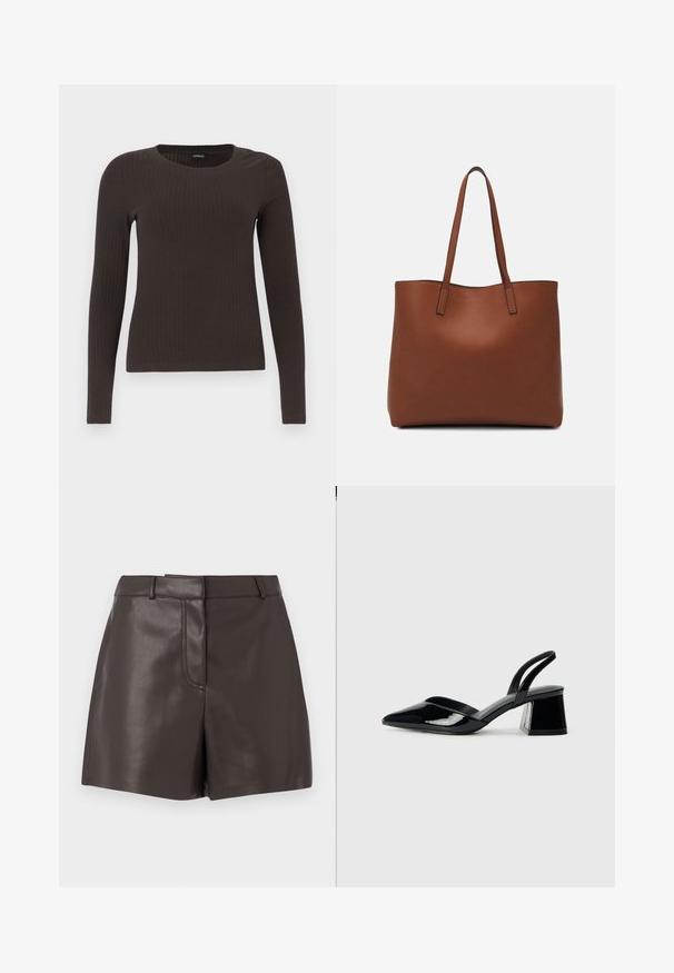 Top marrón de manga larga y con ribete, con cuello redondo. Fabricado con un material suave y elástico, presenta una silueta ajustada y un diseño minimalista.; Shorts de cuero marrón con una textura suave, que presentan una costura frontal, presillas para cinturón y dos bolsillos laterales. Diseñados para una silueta ajustada.; Zapatos de tacón slingback de charol negro con punta afilada y tacón geométrico en bloque. Presentan un diseño elegante y minimalista, así como una textura suave.; Bolso tote de cuero marrón con una textura suave, diseño de apertura superior y dos correas para el hombro. Presenta una costura mínima y sin herrajes visibles.
