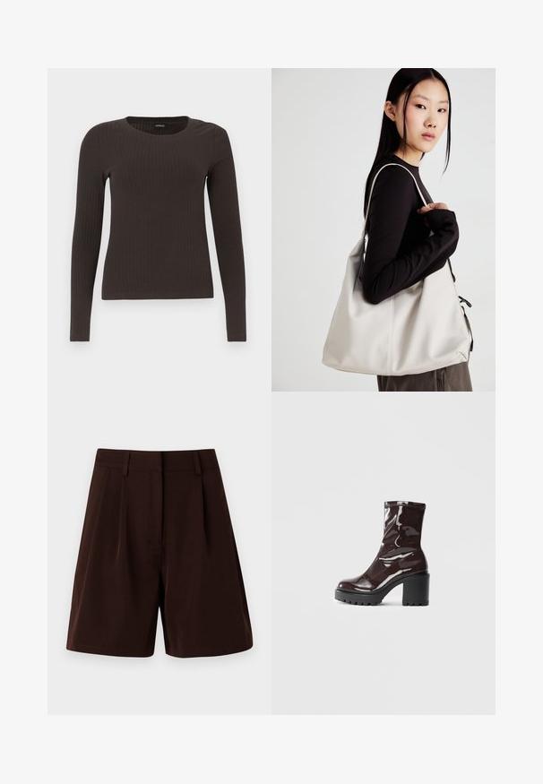 Barna, hosszú ujjú bordázott felső, kerek nyakkivágással. Simább, rugalmas anyagból készült, illeszkedő fazonú és minimális részletezéssel.; Barna rövidnadrág, amely intarziás kialakítással és plisszírozással készült, sima anyagból. Derékkal ellátott, látható zsebek nélkül.; Fényes bordó bokacsizma vastag fekete sarokkal, sima felülettel és egyszerű dizájnnal. Nincsenek látható zárak vagy minták.; Puha anyagból készült bézs kézitáska, laza dizájnnal, varrott részletekkel és két vállpánttal. Mindennapi használatra alkalmas.