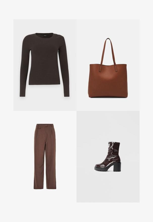 Brown, long-sleeve ribbed top with a crew neckline. Made from a smooth, stretchy material, featuring a fitted silhouette and minimal detailing.; Brown woven wide-leg trousers with a high waistband, front pleats, and a button detail. Smooth texture with a tailored design.; Glossy burgundy ankle boot with a chunky black heel, featuring a smooth texture and simple design. No visible fastenings or patterns.; Brown leather tote bag with a smooth texture, open top design, and two shoulder straps. Features minimal stitching and no visible hardware.