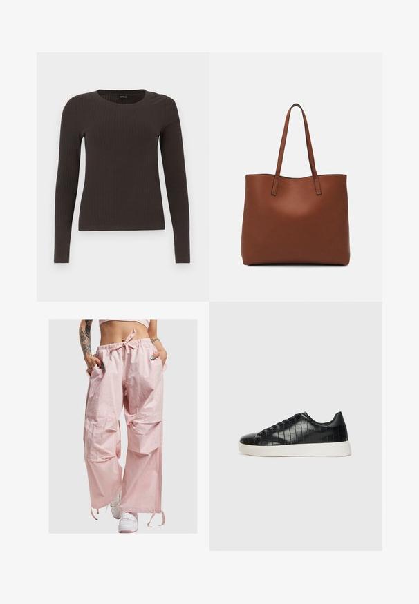 Pruun, pikkade varrukatega ribaga särk, millel on ümar kaelus. Valmistatud siledast, venivast materjalist, omades formatiivset siluetti ja minimaalset dekoratiivsust.; Roosa, kerge, ülemereline püksid elastse vöökoha, lipsu detaili ja küljetaskutega. Sile tekstuur minimaalsete brändi aktsentidega.; Mustad mustad mustad kroko-reljeefiga nahast ülemine osa, ümar varvas ja kontrastne valge kummitald, millel on sile viimistlus.; Pruun nahast tote-kott, millel on sile tekstuur, avatud ülaosa disain ja kaks õlarihma. Omab minimaalset õmblust ja nähtavat riistvara ei ole.