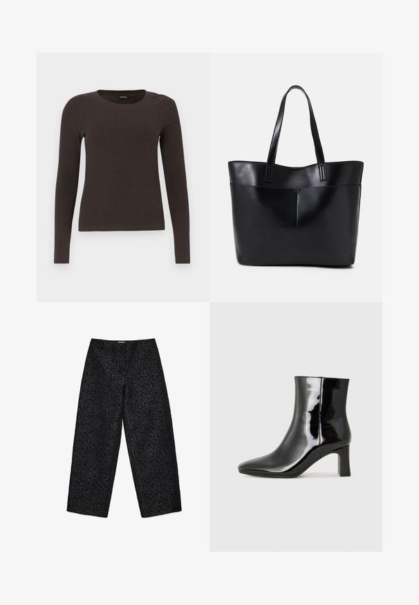 Bruine, lang%C3%A8ve ribgebreide top met een ronde hals. Gemaakt van een soepel, rekbaar materiaal, met een getailleerde pasvorm en minimale details.; Wijd uitlopende zwarte broek met een gestructureerde stof en een subtiel patroon. Het ontwerp heeft een hoge taille en geen zichtbare sluitingen.; Zwarte gepolijste leren enkellaars met een spitse neus en een blokhak van gemiddelde hoogte. Glad textuur en minimalistisch ontwerp.; Zwarte leren tote bag met twee lange handvatten, een zachte textuur en een gestructureerde vorm. Voorzien van een voorvak voor extra opslagruimte.