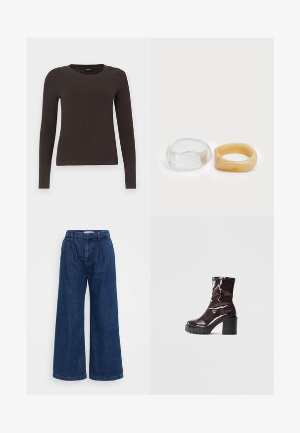 Hnědý, dlouhý rukáv, žebrovaný top s kulatým výstřihem. Vyrobeno z hladkého, elastického materiálu, s přiléhavým střihem a minimálním zdobením.; Široké denimové kalhoty v tmavě modré barvě. Mají elastický pas, volný střih a minimální švy na lemu.; Lesklá bordó kotníková bota s masivním černým podpatkem, se hladkým povrchem a jednoduchým designem. Žádné viditelné zapínání ani vzory.; Průhledné a jantarové prsteny z pryskyřice, jeden hladký a transparentní, druhý s texturovaným jantarovým povrchem. Oba mají zaoblené, robustní tvary.