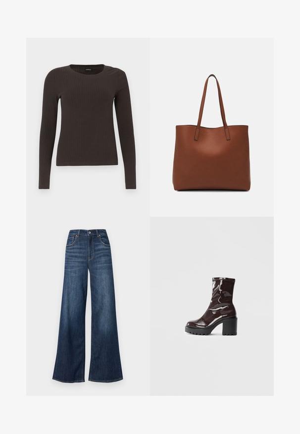 Pruun, pikkade varrukatega ribaga särk, millel on ümar kaelus. Valmistatud siledast, venivast materjalist, omades formatiivset siluetti ja minimaalset dekoratiivsust.; American Eagle SUPER HIGH RISE BAGGY WIDE LEG - Avar lõikega teksad - dark clouds; Klakav läikiv burgundi värvi pahkluu saabas, millel on paks must konts, sile tekstuur ja lihtne disain. Nähtavad kinnitused või mustrid puuduvad.; Pruun nahast tote-kott, millel on sile tekstuur, avatud ülaosa disain ja kaks õlarihma. Omab minimaalset õmblust ja nähtavat riistvara ei ole.