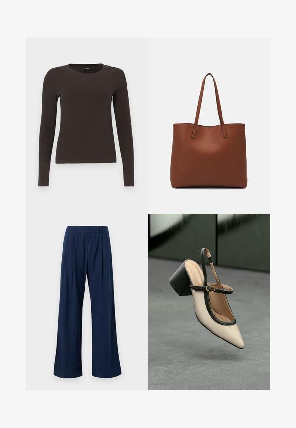 Brūns, garām piedurknēm ribots tops ar apaļu kakla izgriezumu. Izgatavots no gludas, elastīgas materiāla, ar pieguļošu siluetu un minimālu apdari.; Jūras spēku platās kājas bikses, kas izgatavotas no viegla auduma, ar augstu jostasvietu, krokām un tīrām vīlēm. Gluda tekstūra un izstrādāta griezuma. ; Beige smailā purngalā siksnu kurpe ar melnu akcentu, zelta sprādzi un masīvu bloku papēdi uz pelēka grīdas ar tumši zaļu fonu.; Brūna ādas iepirkumu soma ar gludu tekstūru, atvērta augšdaļa un divas plecu siksnas. Izceļas ar minimālām šuvēm un redzamu aparatūru nav.