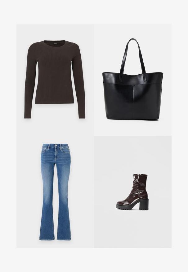 Brun, langermet ribbestrikket topp med rund hals. Laget av et glatt, elastisk materiale, med en tettsittende silhuett og minimalt med detaljer.; Blå denim høyhalsede jeans med frontlommer, knapp og glidelås lukking, og utsvingte ben.; Glinsende burgunder ankelstøvel med en kraftig svart hæl, med en glatt tekstur og enkelt design. Ingen synlige lukkinger eller mønstre.; Svart lær toteveske med to lange håndtak, en glatt tekstur og en strukturert form. Har en frontlomme for ekstra oppbevaring.