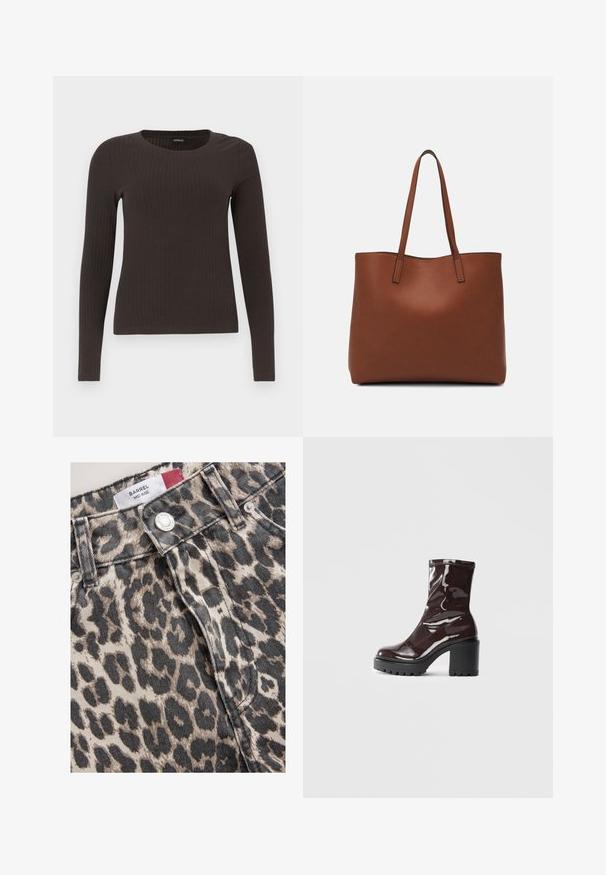 Un haut marron à manches longues en rib avec un col rond. Fabriqué dans un matériau lisse et extensible, il présente une silhouette ajustée et un minimum de détails.; Le tissu en denim à imprimé léopard présente une coupe taille mi-haute avec une fermeture à bouton argenté. La texture est rugueuse, montrant un tissage denim naturel.; Bottines bordeaux brillantes à talon épais noir, avec une texture lisse et un design simple. Aucune fermeture visible ni motifs.; Sac fourre-tout en cuir marron avec une texture lisse, design à ouverture supérieure et deux poignées pour le porter à l'épaule. Présente des coutures minimales et aucun matériel visible.