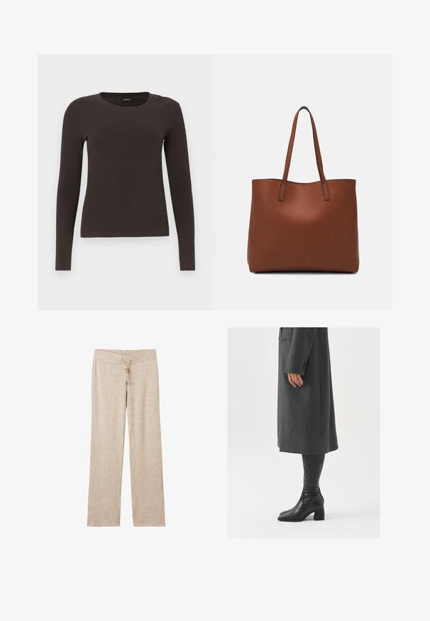 Top marrón de manga larga y con ribete, con cuello redondo. Fabricado con un material suave y elástico, presenta una silueta ajustada y un diseño minimalista.; Calzedonia Pantalones deportivos - natur hell meliert; Abrigo gris, entallado y de corte recto; combinado con botas de cuero negras hasta la rodilla que tienen punta cuadrada y tacón grueso.; Bolso tote de cuero marrón con una textura suave, diseño de apertura superior y dos correas para el hombro. Presenta una costura mínima y sin herrajes visibles.