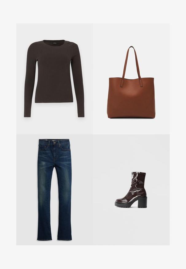 Top castanho de manga longa em malha com decote redondo. Feito de um material suave e elástico, apresentando um silhueta ajustada e detalhes mínimos.; Jeans de ganga azul escuro com um design de perna reta, estilo de cinco bolsos e um detalhe de desgaste subtil na parte da frente.; Bota de tornozelo burgundy brilhante com um salto preto robusto, apresentando uma textura suave e um design simples. Sem fechos ou padrões visíveis.; Bolsa tote de couro castanho com uma textura suave, design de abertura superior e duas alças para o ombro. Apresenta costura mínima e sem hardware visível.