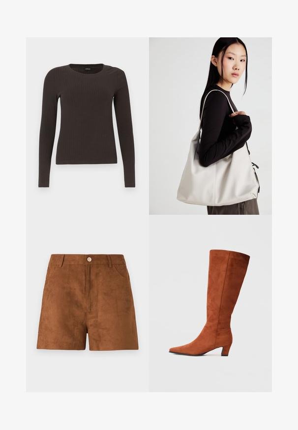 Top castanho de manga longa em malha com decote redondo. Feito de um material suave e elástico, apresentando um silhueta ajustada e detalhes mínimos.; Calções de camurça castanhos com uma textura suave, apresentando um fecho frontal por botão e bolsos laterais. Corte reto e comprimento médio até a coxa.; Bota alta de camurça castanha com biqueira fina e um pequeno salto quadrado, apresentando uma textura suave e um design minimalista.; Uma bolsa bege feita de material macio, com um design descontraído, detalhes de costura e duas alças para o ombro. Adequada para uso diário.