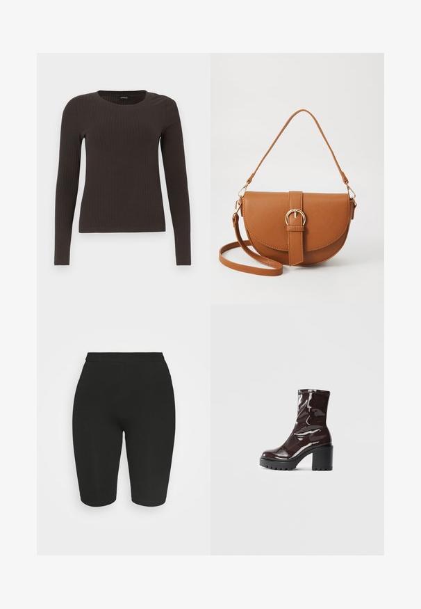 Top castanho de manga longa em malha com decote redondo. Feito de um material suave e elástico, apresentando um silhueta ajustada e detalhes mínimos.; Calções de ciclismo pretos com um design ajustado, cintura elástica e textura suave. O comprimento termina acima do joelho. Sem padrões ou embellishments visíveis.; Bota de tornozelo burgundy brilhante com um salto preto robusto, apresentando uma textura suave e um design simples. Sem fechos ou padrões visíveis.; Bolsa transversal de couro castanho com um formato curvado, ferragens douradas e um detalhe de fivela. Inclui uma alça de ombro destacável.
