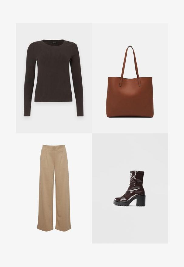 Top marrón de manga larga y con ribete, con cuello redondo. Fabricado con un material suave y elástico, presenta una silueta ajustada y un diseño minimalista.; Pantalones de pierna ancha en beige, hechos de una tela suave, con dos pliegues frontales, cintura elástica y una textura lisa.; Botín burdeos brillante hasta el tobillo con un tacón negro grueso, que presenta una textura suave y un diseño sencillo. Sin cierres ni patrones visibles.; Bolso tote de cuero marrón con una textura suave, diseño de apertura superior y dos correas para el hombro. Presenta una costura mínima y sin herrajes visibles.