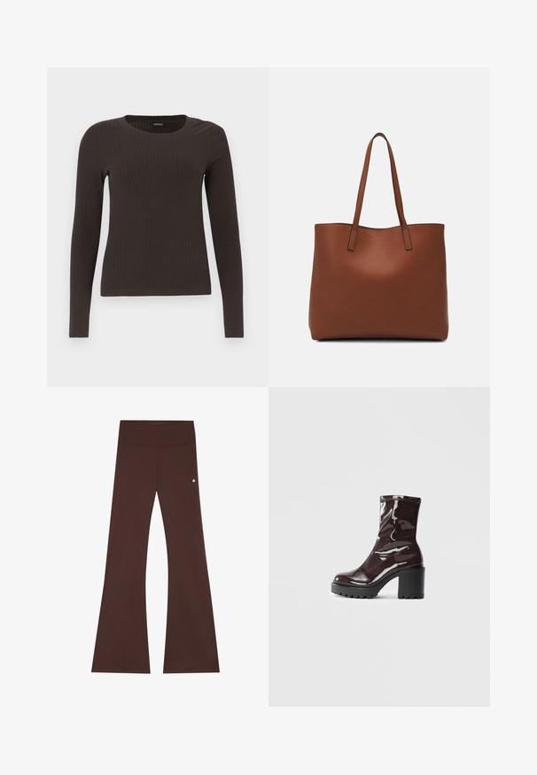 Brūns, garām piedurknēm ribots tops ar apaļu kakla izgriezumu. Izgatavots no gludas, elastīgas materiāla, ar pieguļošu siluetu un minimālu apdari.; Brūni plati bikses no mīksta auduma, ar plašu jostu, gludu tekstūru un nelielu logotipa akcentu sānos.; Spīdīgas bordo potīšu botītes ar masīlu melnu papēdi, kurām ir gluda tekstūra un vienkāršs dizains. Nav redzamu aizdari vai rakstu.; Brūna ādas iepirkumu soma ar gludu tekstūru, atvērta augšdaļa un divas plecu siksnas. Izceļas ar minimālām šuvēm un redzamu aparatūru nav.