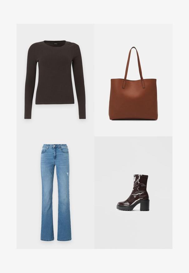 Bruine, lang%C3%A8ve ribgebreide top met een ronde hals. Gemaakt van een soepel, rekbaar materiaal, met een getailleerde pasvorm en minimale details.; Lichtblauwe flared jeans van denim, met een hoge taille, vijf zakken en subtiele versleten details op de benen.; Glanzende bordeauxrode enkelboot met een chunky zwarte hak, met een gladde textuur en een eenvoudig ontwerp. Geen zichtbare sluitingen of patronen.; Bruine leren tote bag met een gladde textuur, een ontwerp met een open bovenkant en twee schouderbanden. Kenmerkt zich door minimale stiksels en geen zichtbare hardware.