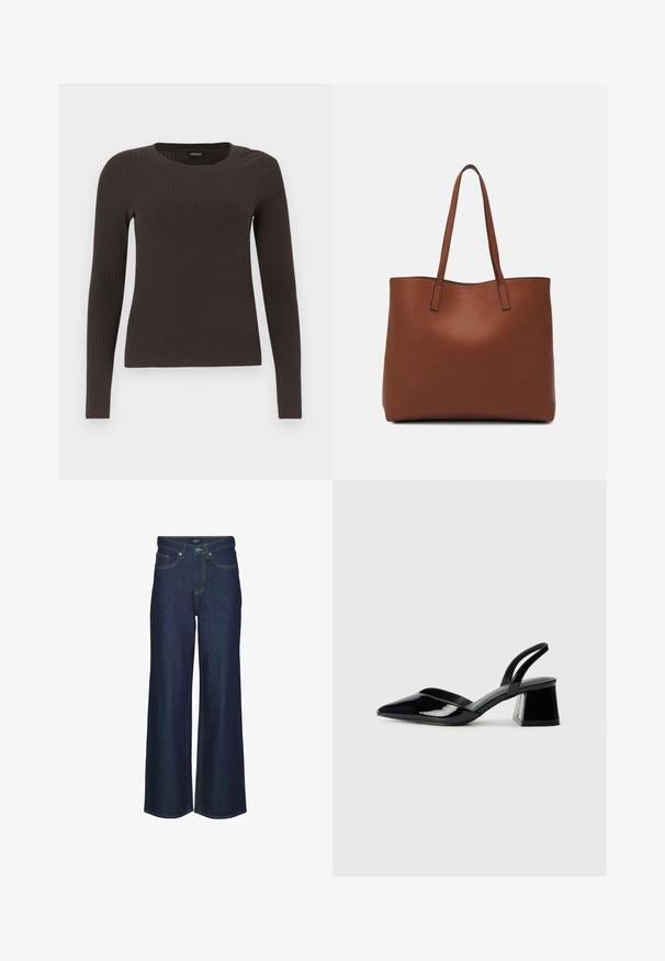 Brun, langermet ribbestrikket topp med rund hals. Laget av et glatt, elastisk materiale, med en tettsittende silhuett og minimalt med detaljer.; Mørke denim vid bukser med høj talje, med stikninger, bælteløkker og forlommer. Glat tekstur, klassisk design.; Svarte patentlær slingback hæler med spiss tå og geometrisk blokk hæl. Har et stilrent, minimalistisk design og jevn tekstur.; Brun lær tote veske med en jevn tekstur, åpen toppdesign og to skulderstropper. Har minimal søm og ingen synlige spiker.