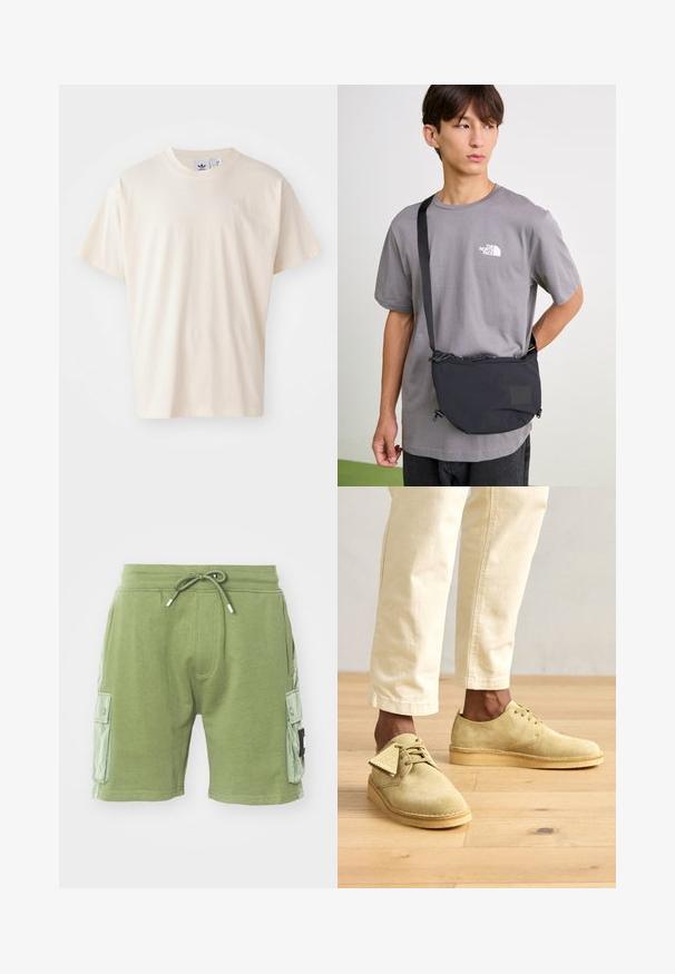 Cream cotton t-shirt with a round neckline and short sleeves; features a small, light-colored logo on the chest.; Green cotton shorts with elastic waistband and drawstring. Features two side cargo pockets and textured panel accents on the sides.; Light yellow suede shoes with a round toe and low-profile design, featuring laces and a rubber sole, paired with cream-colored pants.; Black nylon crossbody bag with adjustable strap, featuring a drawstring closure and embossed logo detail. Worn over a gray t-shirt.