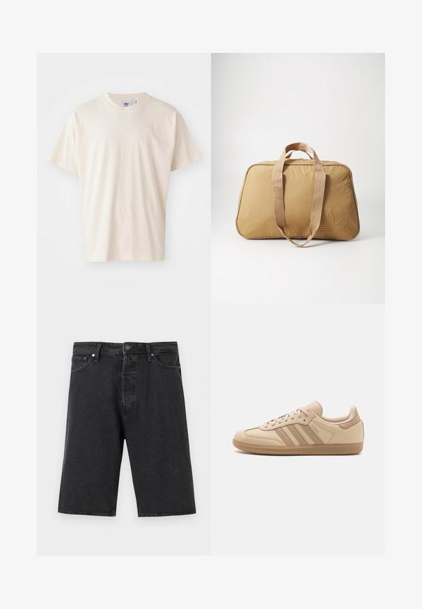 Krém színű pamut póló kerek nyakkal és rövid ujjakkal; a mellrészen egy kis, világos színű logó található.; Fekete farmer rövidnadrág, egyenes szabással, klasszikus öt zsebes dizájnnal, gombos záródással és textúrált anyagfelülettel.; Beige bőr sportcipők három vízszintes csíkkal, kerek orral, lapos barna gumitalppal és puha szövetbéléssel a nyakon és a nyelvén.; Barna sporttáska, két szövetfogóval, sima felülettel, cipzáros záródással, ovális formával, és egy diszkrét dombornyomott logóval az egyik oldalon.