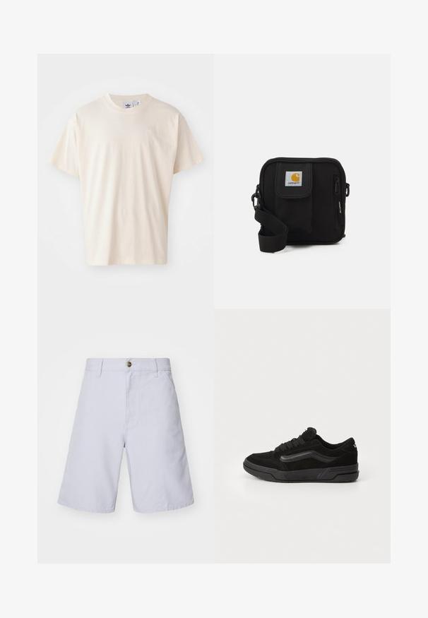 Krém színű pamut póló kerek nyakkal és rövid ujjakkal; a mellrészen egy kis, világos színű logó található.; Világoskék pamut rövidnadrág gombos záródással, egyenes szabású, elülső zsebekkel és sima felülettel. Nincsenek látható minták vagy díszítések.; Fekete sportcipő velúr felsőrésszel, texturált dizájnnal, lapos fűzőkkel és gumitalppal, amelyen diszkrét logó található a saroknál.; Fekete keresztbody táska cipzáras főrekesszel, elülső zsebbel, állítható pánttal és látható logóval a fedélen.